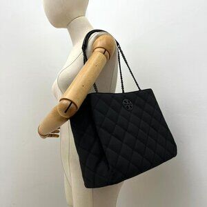 NEW Tory Burch Black Matte Quilted Tote Bag In Black